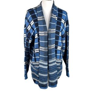 Plaid Open Sweater Blue White Size Large